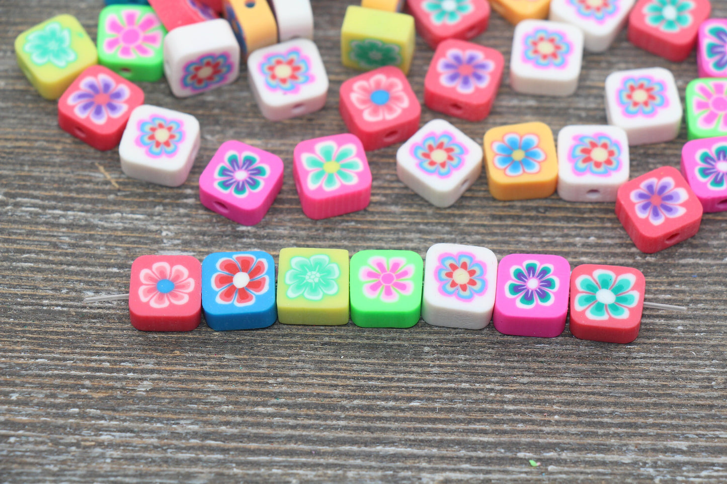Multicolor Flower Polymer Clay Beads, Cube Flower Cane Beads, Assorted Flower Beads, Square Flower Beads, Mix Colors Flower Beads #54