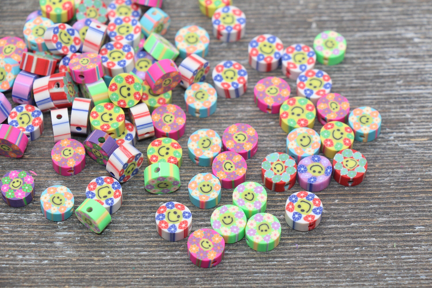 Smiley Face Multicolor Flower Polymer Clay Beads, Round Happy Face Flower Cane Beads, Assorted Flower Beads, Mix Colors Flower Beads #55