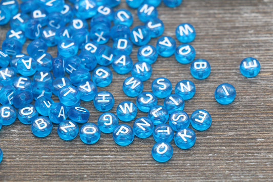Blue Alphabet Letter Beads, Blue Transparent Beads with White Letters, Assorted Round Letter Beads, Name Initial Beads, Size 7mm #353