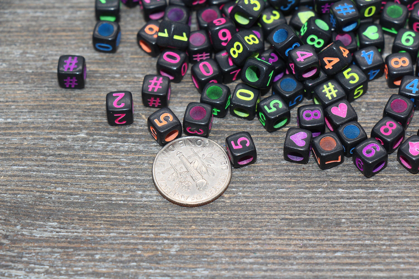 Multicolor Number Beads, Assorted Number Beads, Mix Color Cube Square Number Beads, Heart, Hashtag #, Size 6mm #2040
