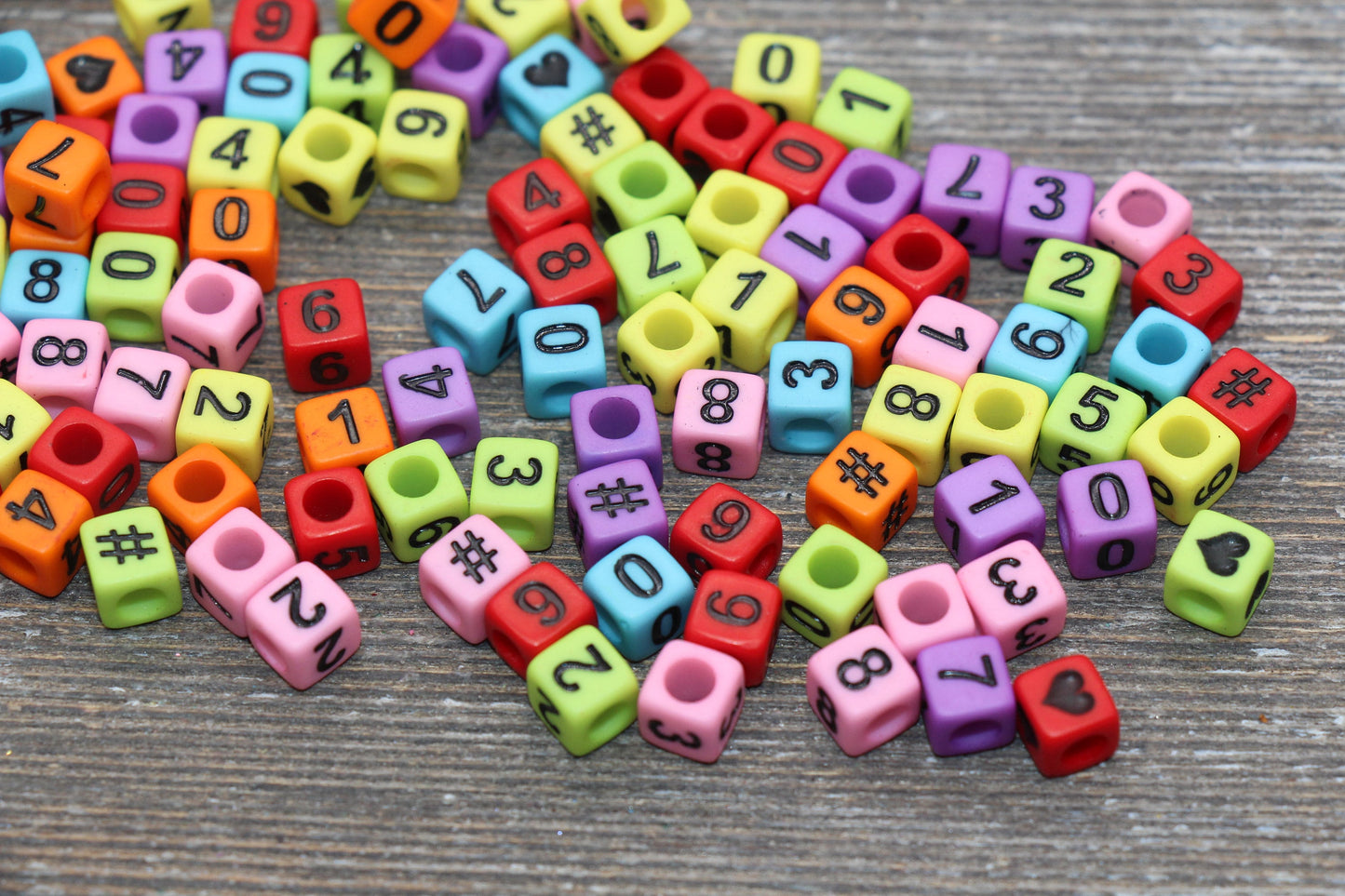 Multicolor Number Beads, Assorted Number Beads, Mix Color Cube Square Number Beads, Heart, Hashtag #, Size 6mm #2041
