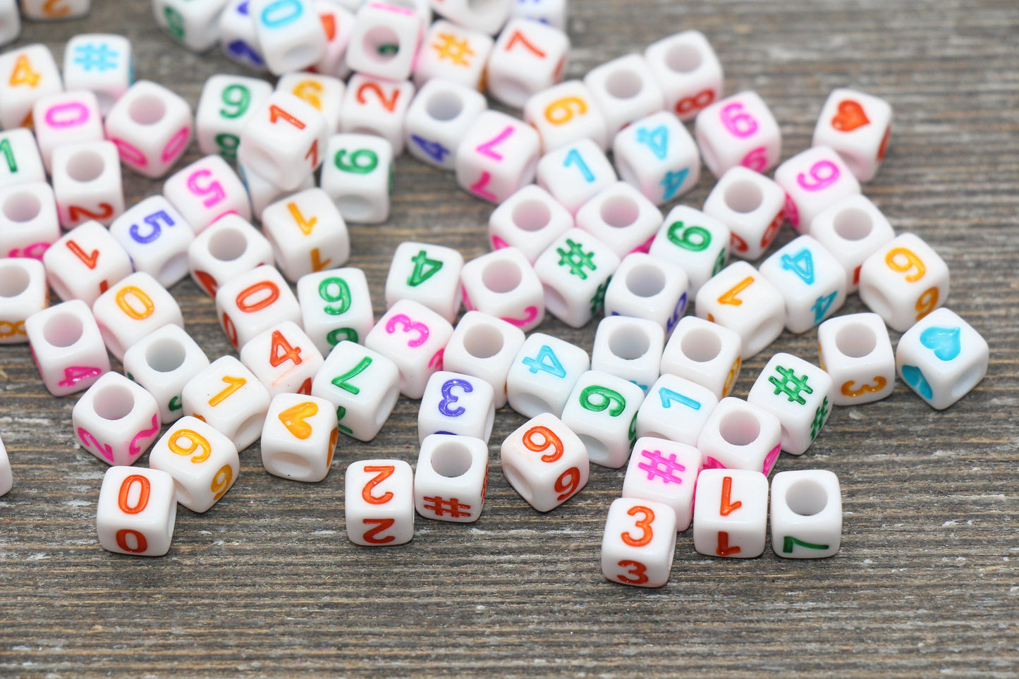 Multicolor Number Beads, Assorted Number Beads, Mix Color Cube Square Number Beads, Heart, Hashtag #, Size 6mm #2042