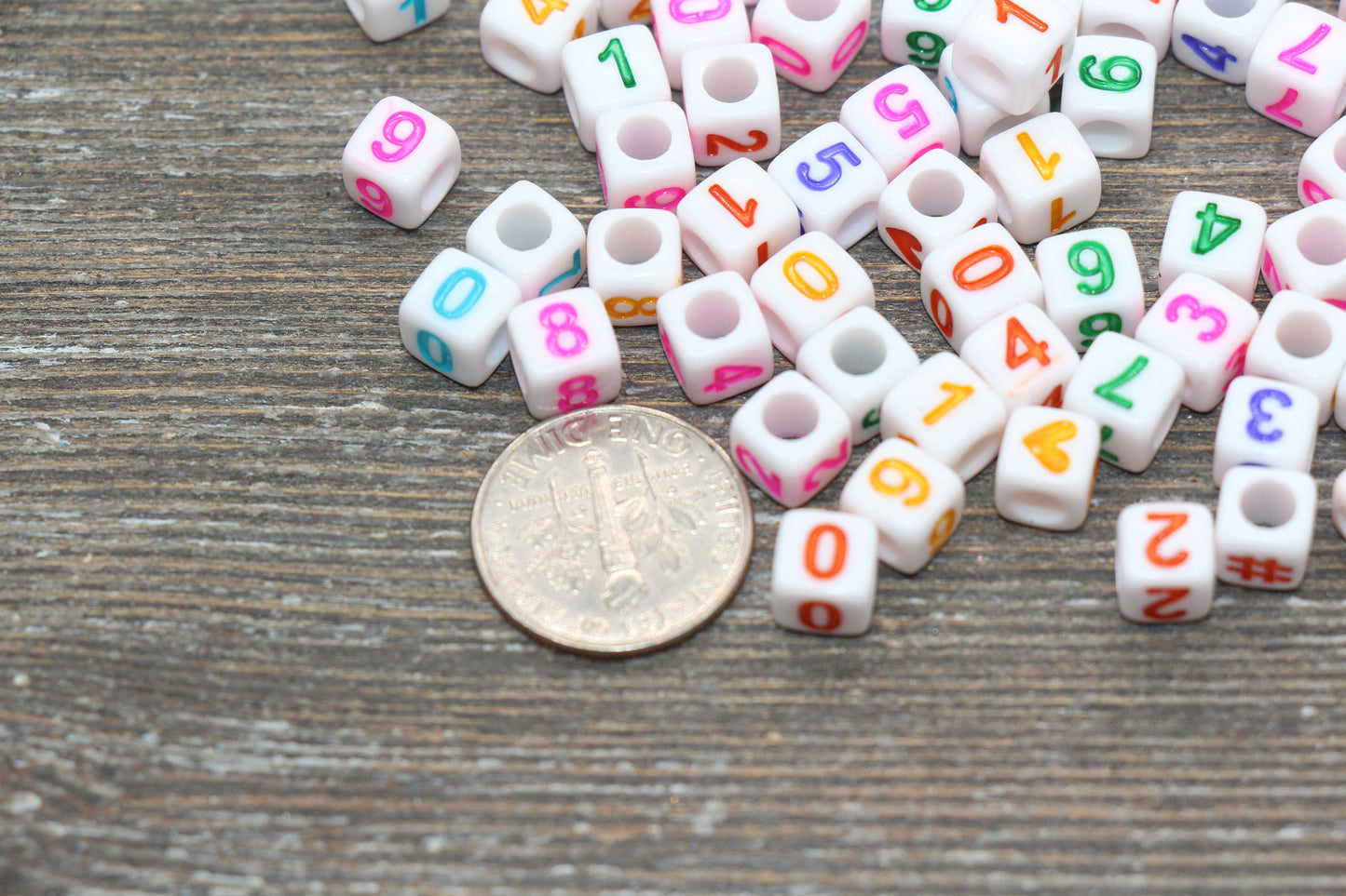 Multicolor Number Beads, Assorted Number Beads, Mix Color Cube Square Number Beads, Heart, Hashtag #, Size 6mm #2042