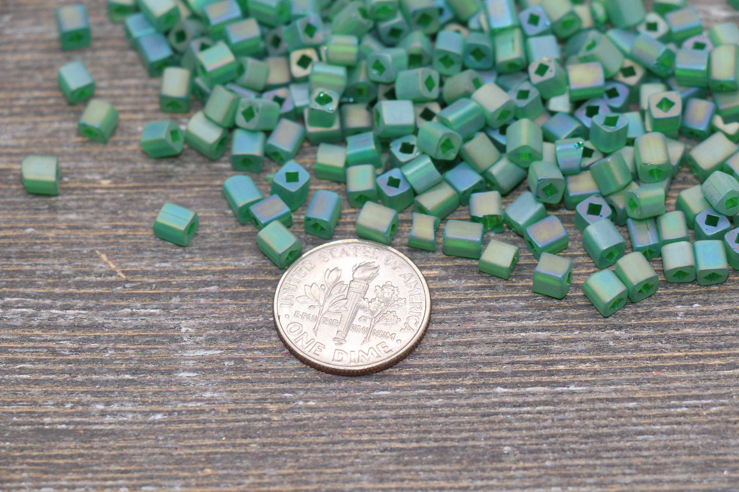 Matte Square Glass Seed Beads, 4mm Cube Glass Beads, Frosted Green AB Square Seed Beads, Iridescent Glass Beads, Beading Supplies #2099