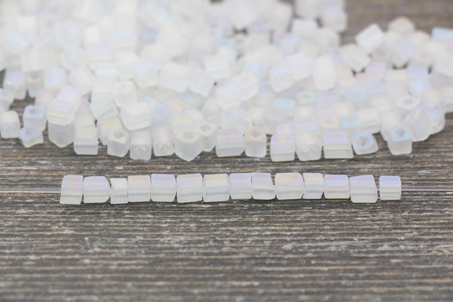 Matte Square Glass Seed Beads, 4mm Cube Glass Beads, Frosted White AB Square Seed Beads, Iridescent Glass Beads, Beading Supplies #2101