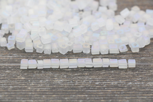 Matte Square Glass Seed Beads, 4mm Cube Glass Beads, Frosted White AB Square Seed Beads, Iridescent Glass Beads, Beading Supplies #2101