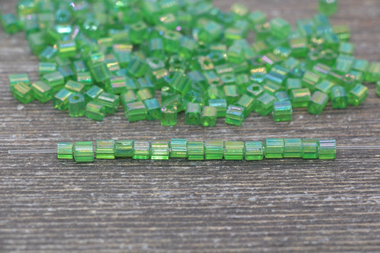 Iridescent Square Glass Beads, 4mm Cube Glass Beads, Sparkle Glass Beads, Transparent Green AB Square Seed Beads, Beading Supplies #2112