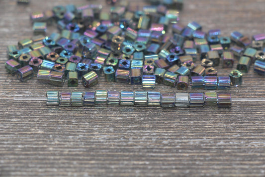 Iridescent Square Glass Beads, 4mm Cube Glass Beads, Sparkle Glass Beads, Transparent Gray AB Square Seed Beads, Beading Supplies #2117