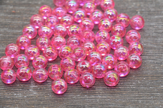 10mm Pink AB Round Beads, Iridescent Acrylic Gumball Beads, Translucent Round Spacer Beads, Bubblegum Beads, Plastic Round Bead #1966
