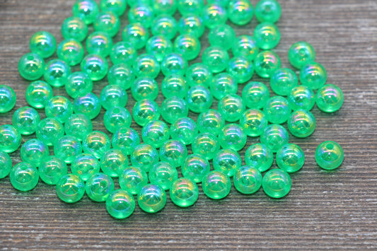 8mm Green AB Round Beads, Iridescent Green Acrylic Gumball Beads, Translucent Round Spacer Beads, Bubblegum Beads, #1982