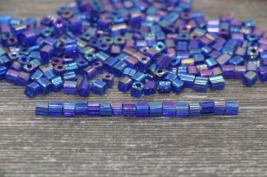 Iridescent Square Glass Beads, 4mm Cube Glass Beads, Sparkle Glass Beads, Transparent Royal Blue AB Square Beads, Beading Supplies #2122