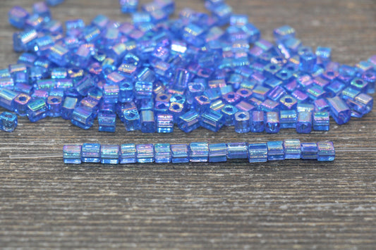 Iridescent Square Glass Beads, 4mm Cube Glass Beads, Sparkle Glass Beads, Transparent Blue AB Square Seed Beads, Beading Supplies #2123
