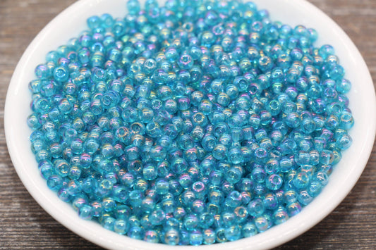 Round Transparent Iridescent Glass Beads, 4mm Glass Round Seed Beads, Blue AB Trans Seed Beads, Beading Supplies #2138