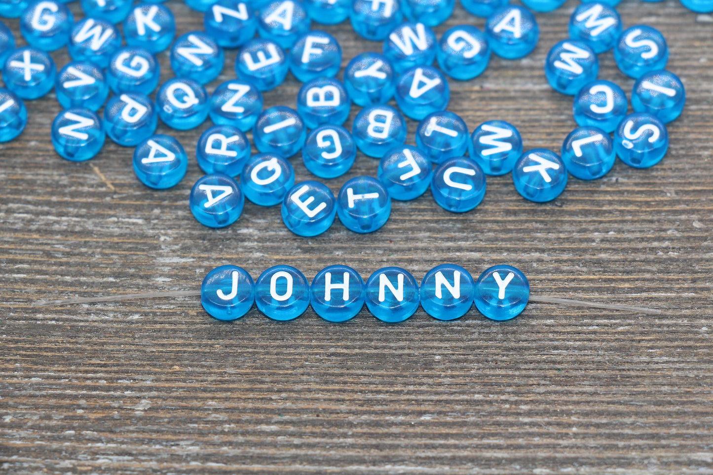 Blue Alphabet Letter Beads, Blue Transparent Beads with White Letters, Assorted Round Letter Beads, Name Initial Beads, Size 7mm #353