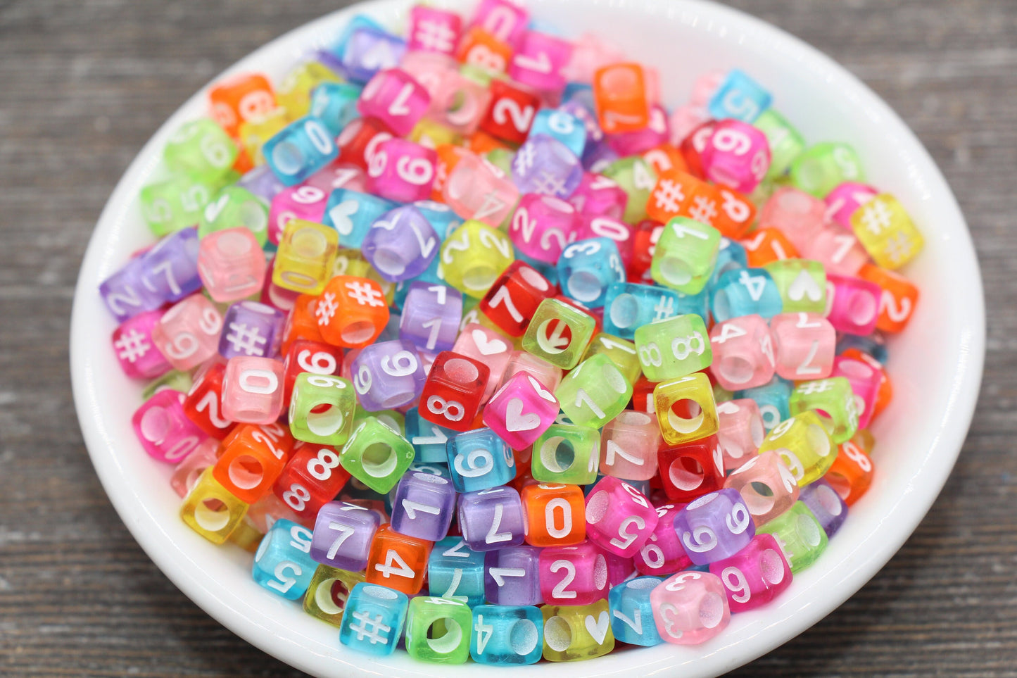 6 mm multicolor acrylic cube number beads with heart and hashtag symbols; multicolor cube number beads