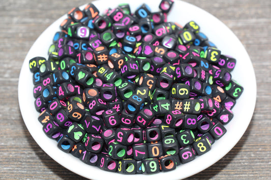 6 mm square acrylic cube number beads, multicolor mix; multicolor cube number beads