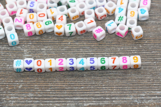 6 mm multicolor acrylic cube number beads with symbol options; multicolor cube number beads