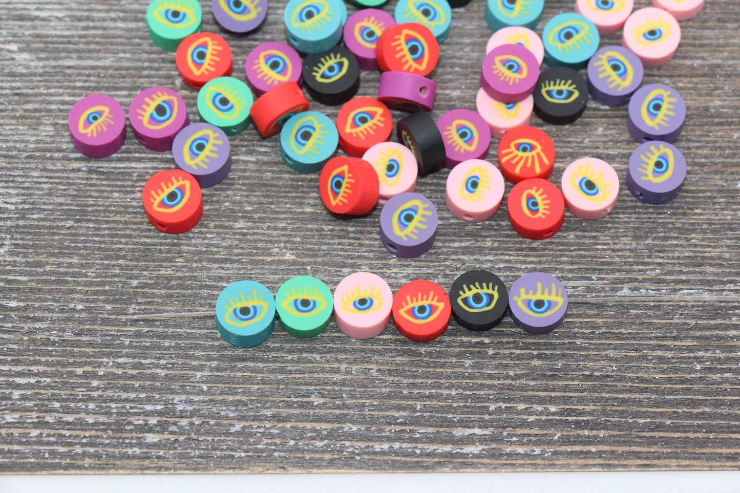 Evil Eye Polymer Clay Beads, Multicolored Evil Eye Fimo Cane Beads, Assorted Evil Eye Beads, Rainbow Evil Eye Slice Beads #64