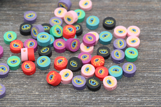 Evil Eye Polymer Clay Beads, Multicolored Evil Eye Fimo Cane Beads, Assorted Evil Eye Beads, Rainbow Evil Eye Slice Beads #64