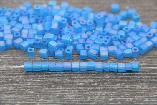 Matte Square Glass Seed Beads, 4mm Cube Glass Beads, Frosted Blue AB Square Seed Beads, Iridescent Glass Beads, Beading Supplies #2103