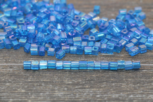 Iridescent Square Glass Beads, 4mm Cube Glass Beads, Sparkle Glass Beads, Transparent Blue AB Square Seed Beads, Beading Supplies #2113