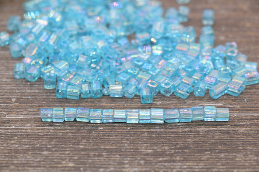 Iridescent Square Glass Beads, 4mm Cube Glass Beads, Sparkle Glass Beads, Transparent Light Blue AB Square Seed Beads, Beading Supplies#2114