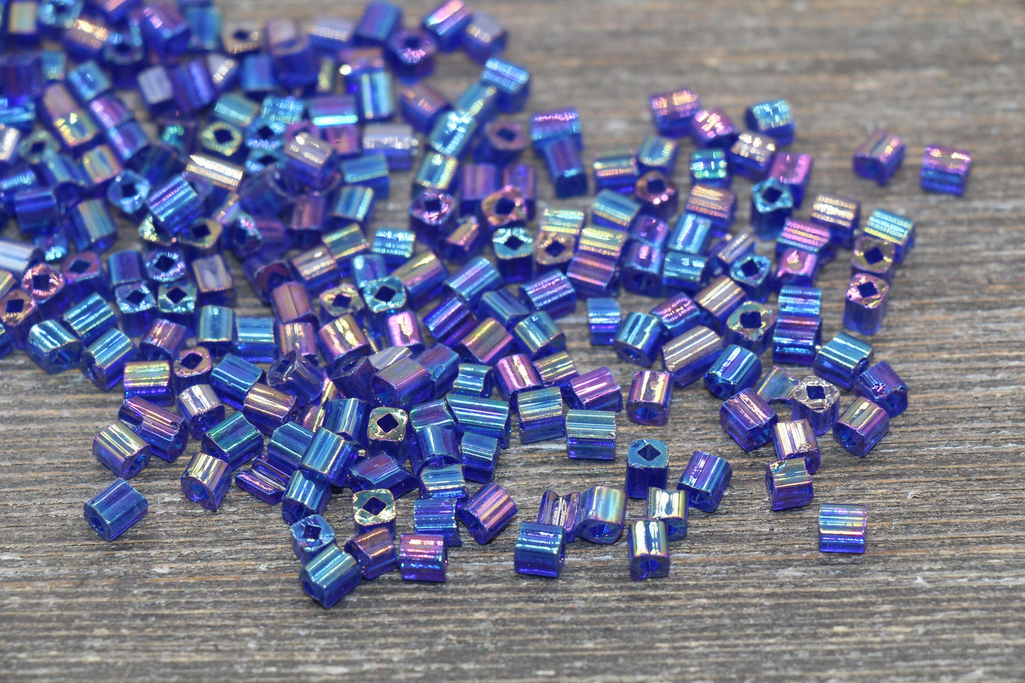 Iridescent Square Glass Beads, 4mm Cube Glass Beads, Sparkle Glass Beads, Transparent Royal Blue AB Square Beads, Beading Supplies #2122