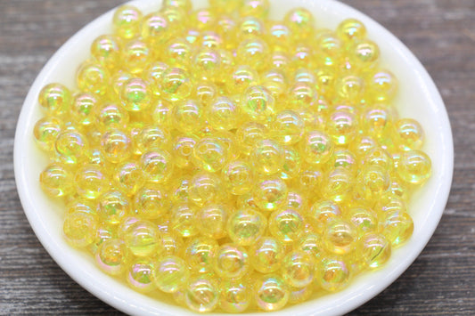 8mm Yellow AB Round Beads, Iridescent Acrylic Gumball Beads, Translucent Round Spacer Beads, Bubblegum Beads, Plastic Round Bead #2213