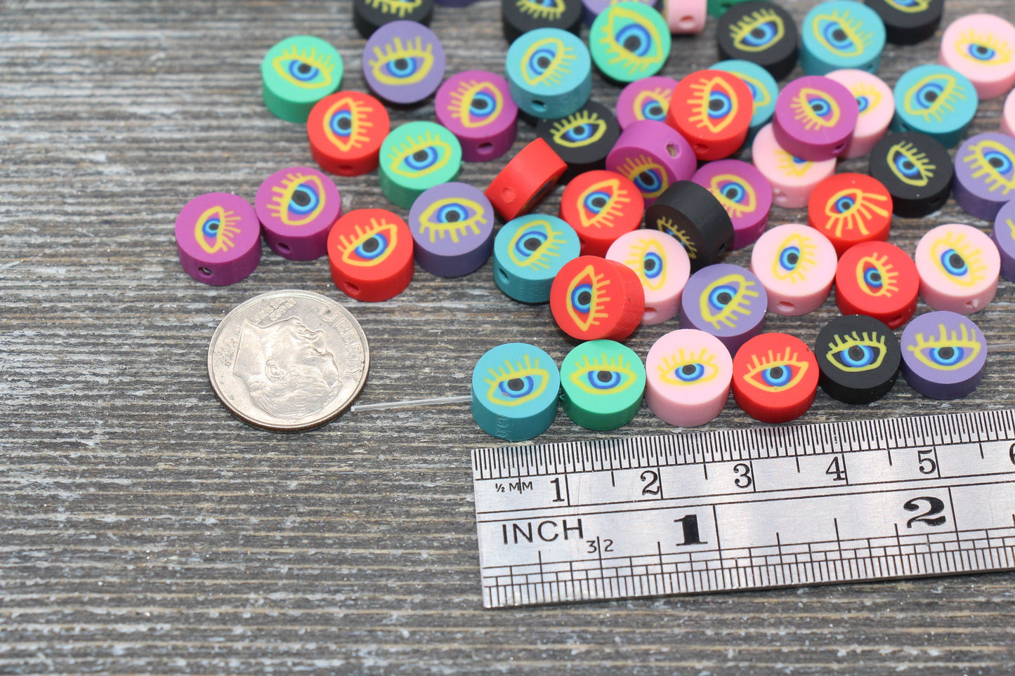 Evil Eye Polymer Clay Beads, Multicolored Evil Eye Fimo Cane Beads, Assorted Evil Eye Beads, Rainbow Evil Eye Slice Beads #64