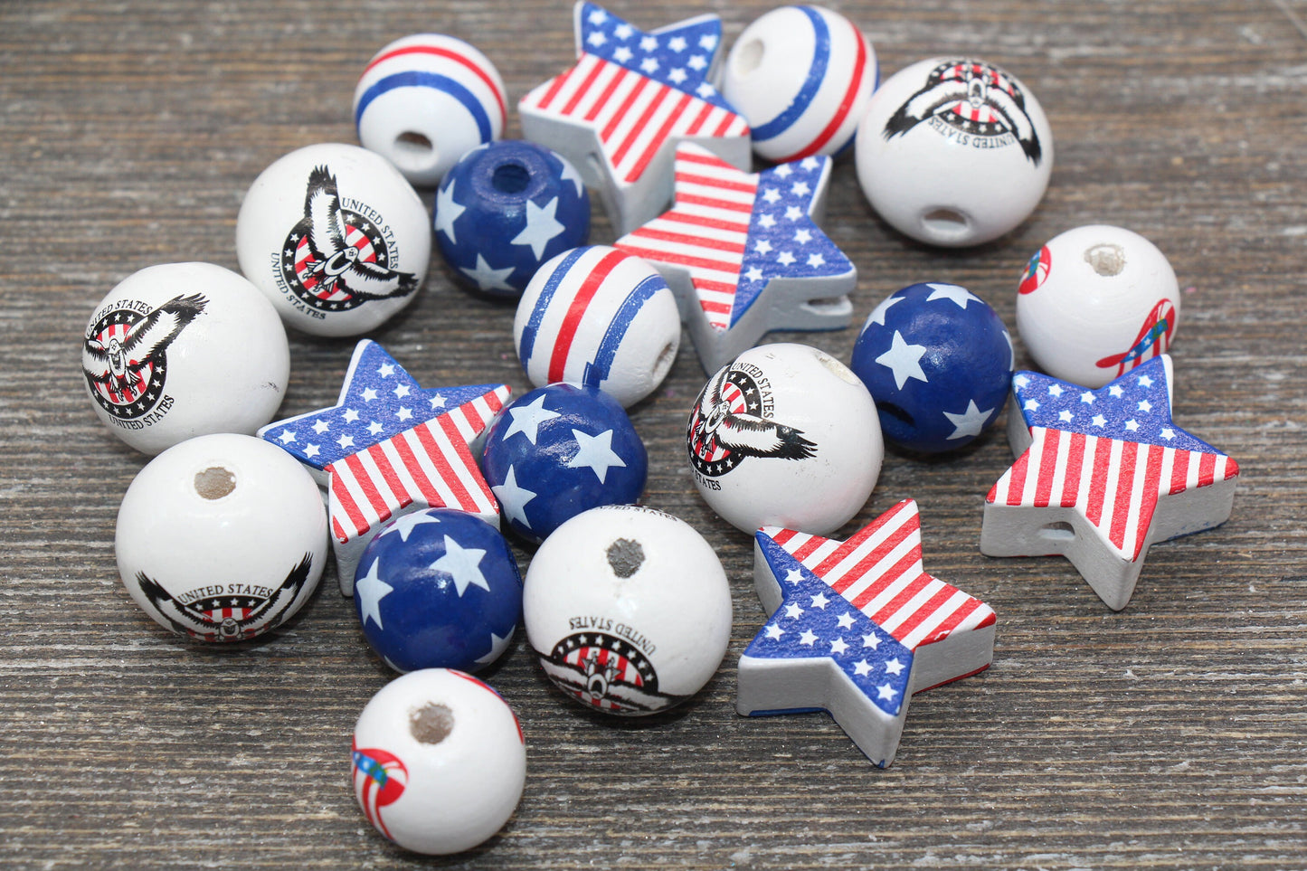 Patriotic Wood Bead Set, Red, White, and Blue Independent Day Beads, Craft Wooden Beads