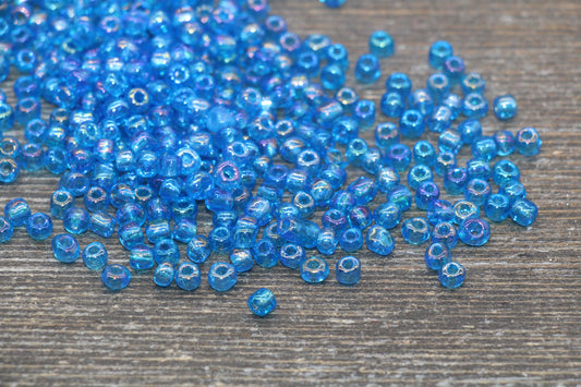 Transparent Iridescent Glass Seed Beads, 4mm 6/0 Glass Round Seed Beads, Blue AB Trans Seed Beads, Rocailles Beads, Beading Supplies #2255
