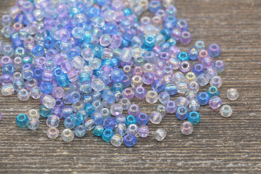 Transparent AB Glass Seed Beads, 4mm 6/0 Glass Beads, Blue, Lilac, and White Iridescent Seed Beads, Rocailles Beads, Beading Supply #2291