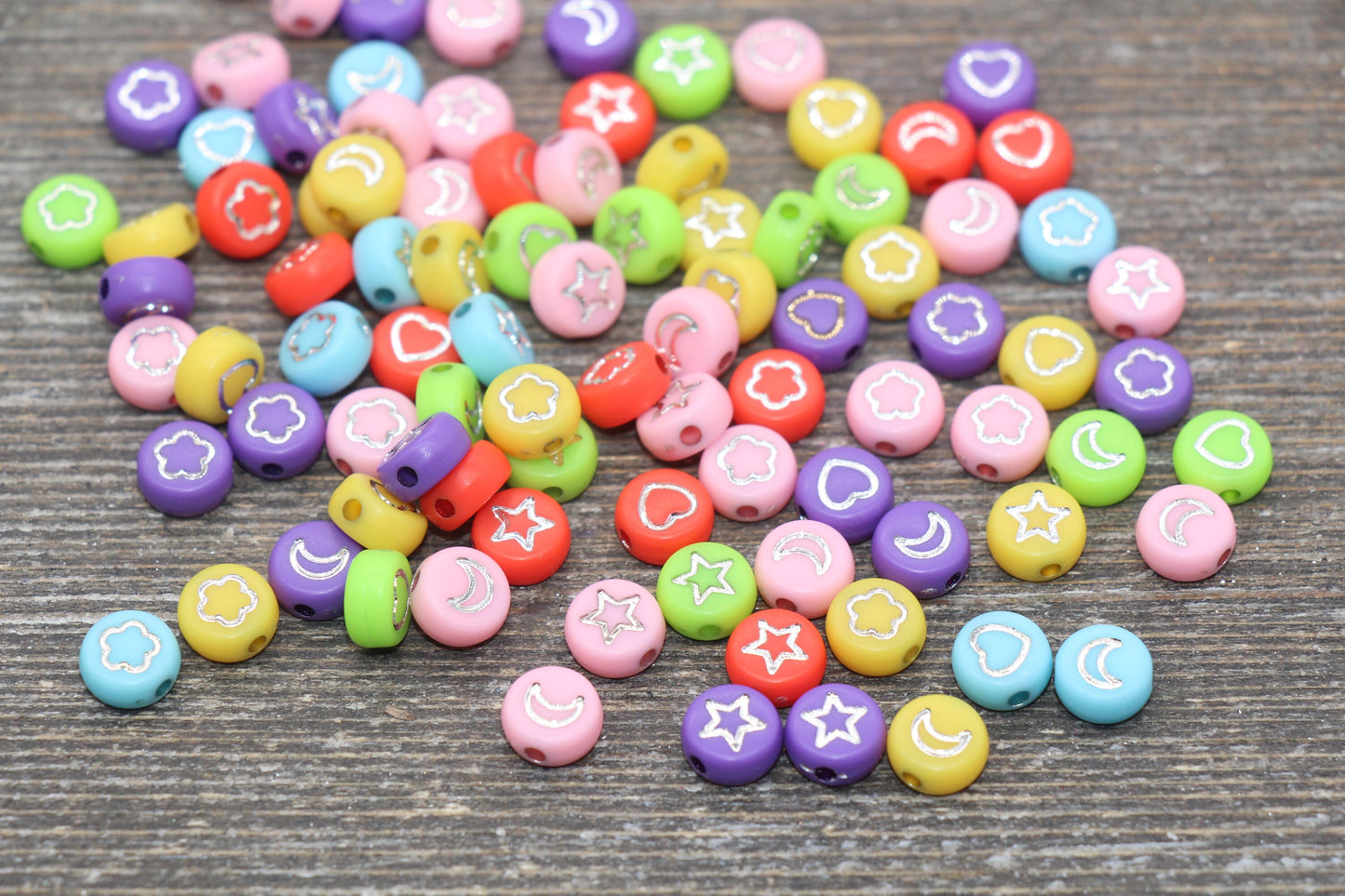 Heart, Star, Flower, Moon Beads, Acrylic Multicolor Beads with Silver symbols, Plastic Heart Star Moon Flower, Bracelet Beads, Size 7mm #178