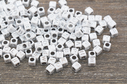 Silver Alphabet Letter Cube Beads, White Beads with Silver Letters, Acrylic Square Name Beads, Size 6mm #66