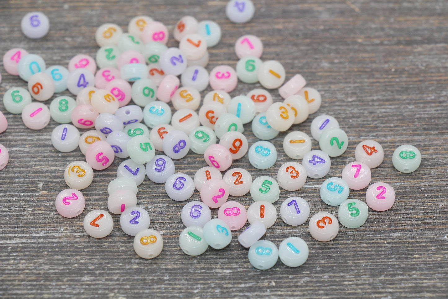 Glow in Dark Number Beads, Glowing Acrylic Mix Number Beads, Multicolor Number Beads, Flat Round Acrylic Number Beads, Size 7mm #252