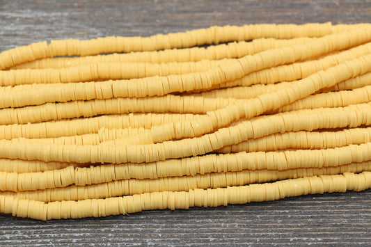 6mm Light Mustard Yellow Heishi Beads, Yellow Color Polymer Clay Disc Beads, African Disc Beads, Vinyl Heishi, 16 inch Strand #393