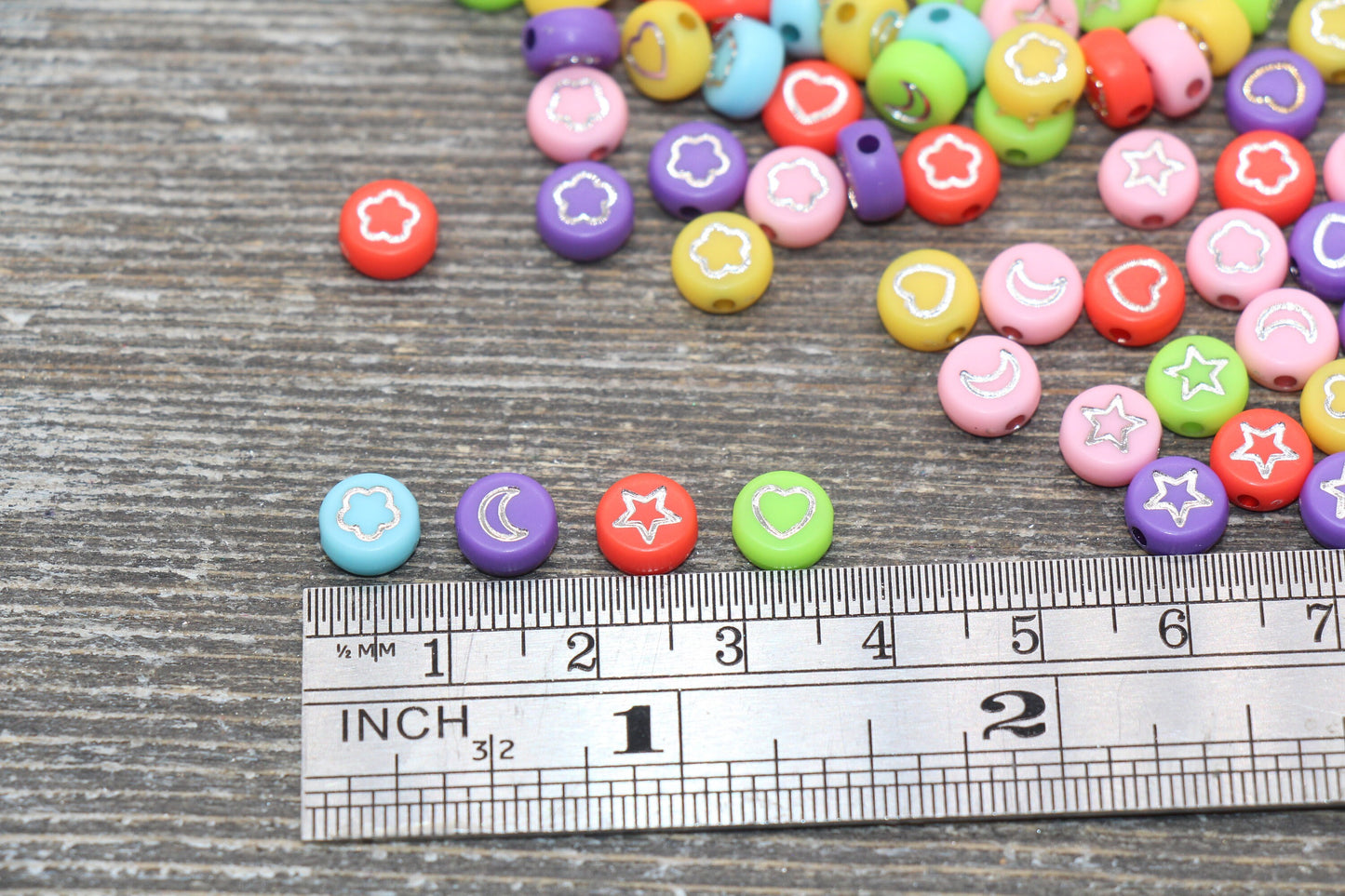 Heart, Star, Flower, Moon Beads, Acrylic Multicolor Beads with Silver symbols, Plastic Heart Star Moon Flower, Bracelet Beads, Size 7mm #178
