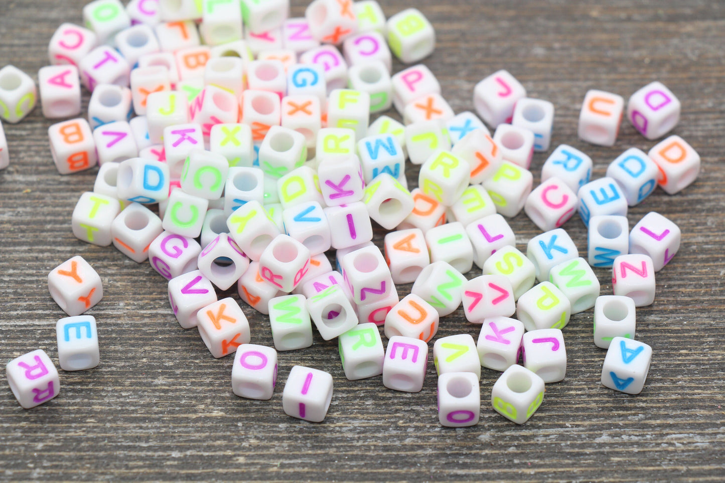 Multicolor Alphabet Letter Beads, White Beads with Mix Color Letters, Plastic Letter Beads, Acrylic Square Name Beads, Size 6mm #155