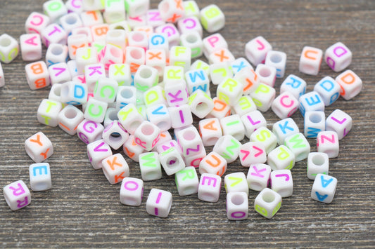 Multicolor Alphabet Letter Beads, White Beads with Mix Color Letters, Plastic Letter Beads, Acrylic Square Name Beads, Size 6mm #155