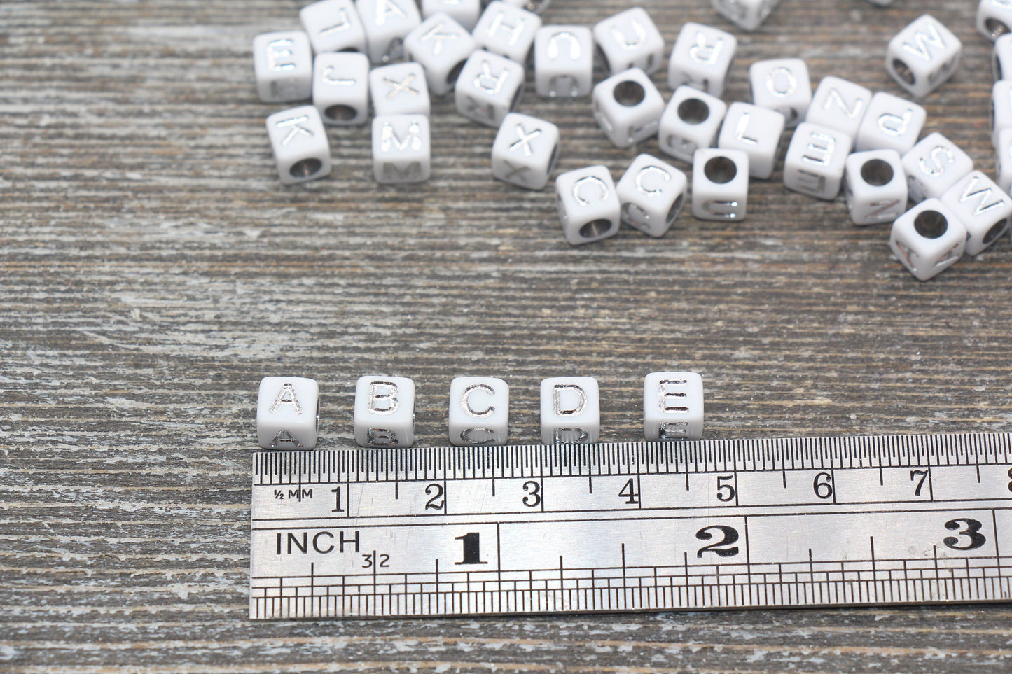 Silver Alphabet Letter Cube Beads, White Beads with Silver Letters, Acrylic Square Name Beads, Size 6mm #66