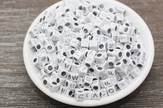 Silver Alphabet Letter Cube Beads, White Beads with Silver Letters, Acrylic Square Name Beads, Size 6mm #66