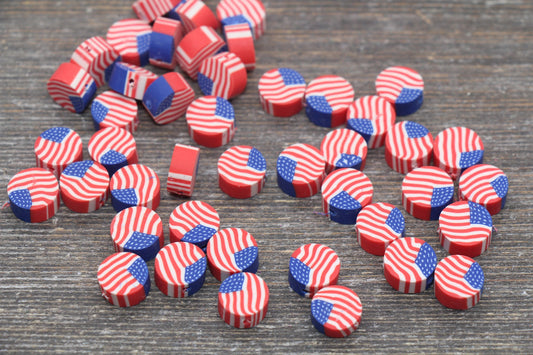 Patriotic American Flag Clay Beads, United States Flag Polymer Clay Beads, US Flag Beads, Round Clay Beads, Jewelry Beads #99