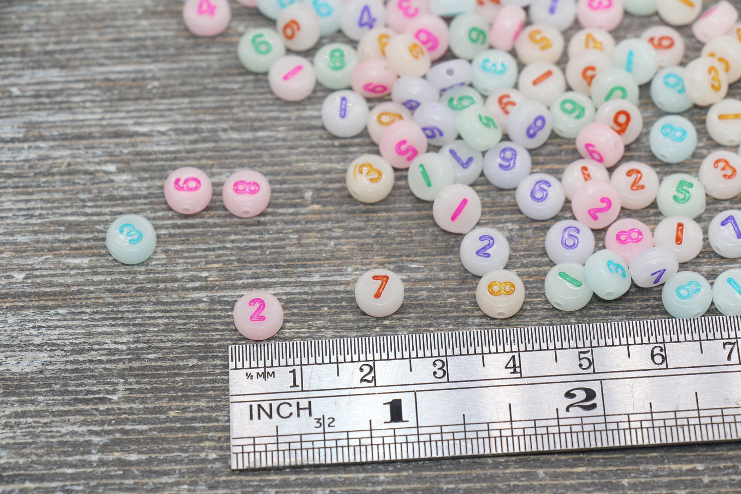 Glow in Dark Number Beads, Glowing Acrylic Mix Number Beads, Multicolor Number Beads, Flat Round Acrylic Number Beads, Size 7mm #252