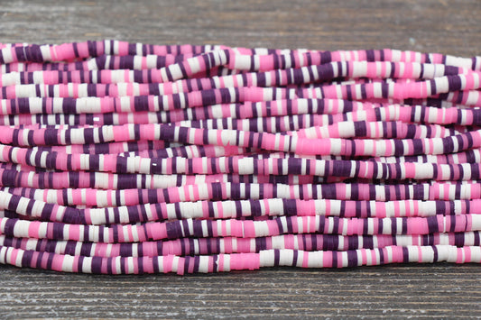 4mm Multicolored Heishi Beads, Pink, Purple, and White Mix Polymer Clay Disc Beads, African Disc Beads, Vinyl Heishi, 16 inch Strand #375