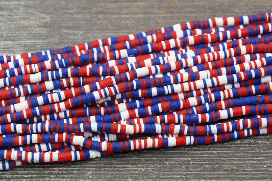 4mm Multicolored Heishi Beads, Red, Blue, and White Mix Polymer Clay Disc Beads, African Disc Beads, Vinyl Heishi, 16 inch Strand #380