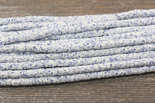 6mm Blue Speckled Heishi Beads, White with Blue Speckled Polymer Clay Disc Beads, African Disc Beads, Vinyl Heishi, 16 inch Strand #211