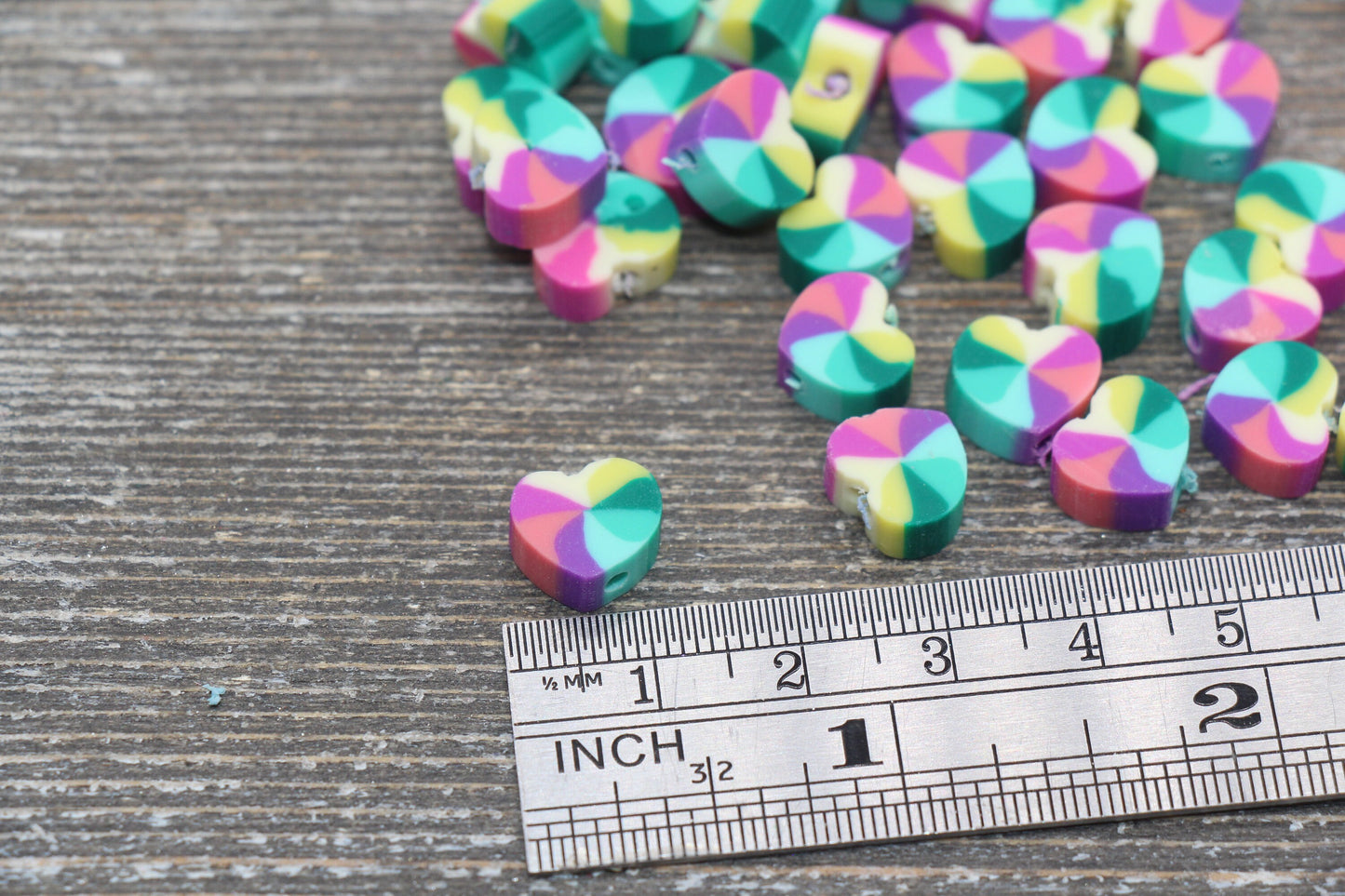 Rainbow Heart Polymer Clay Beads, Heart Cane Beads, Heart Clay Beads, Heart Clay Beads, Jewelry Beads #97