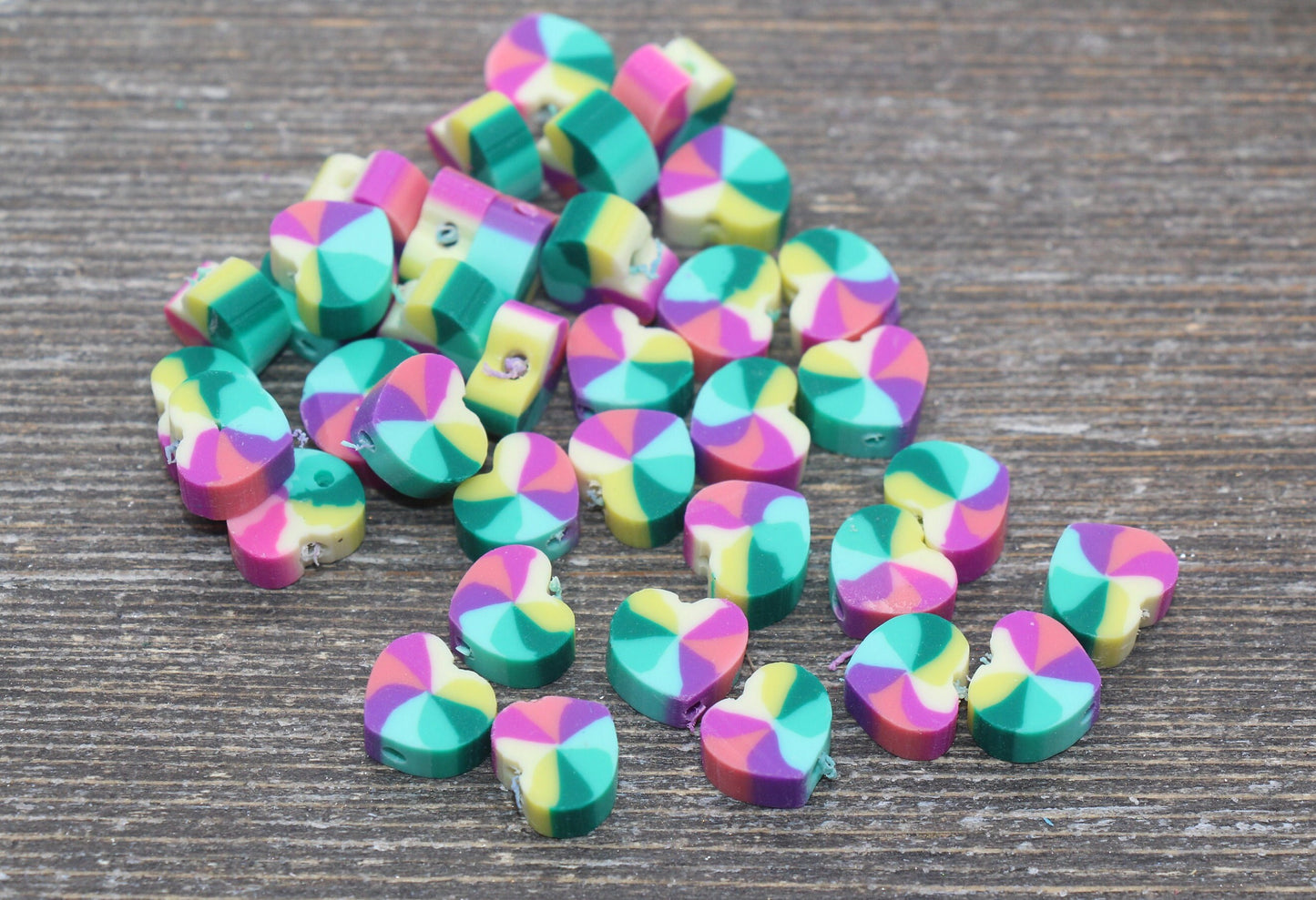 Rainbow Heart Polymer Clay Beads, Heart Cane Beads, Heart Clay Beads, Heart Clay Beads, Jewelry Beads #97