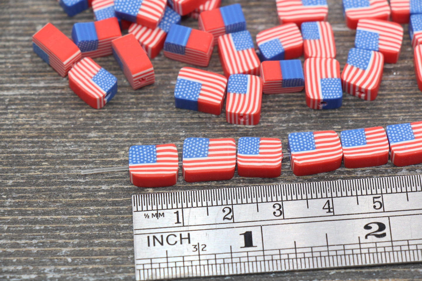 Patriotic American Flag Clay Beads, United States Flag Polymer Clay Beads, US Flag Beads, Rectangle Shape Clay Beads, Jewelry Beads #100
