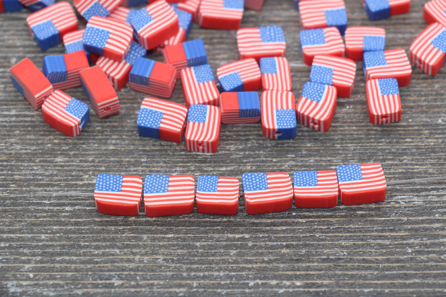 Patriotic American Flag Clay Beads, United States Flag Polymer Clay Beads, US Flag Beads, Rectangle Shape Clay Beads, Jewelry Beads #100